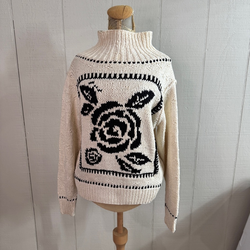 Liz Claiborne Black and Cream Rose Turtleneck Sweater